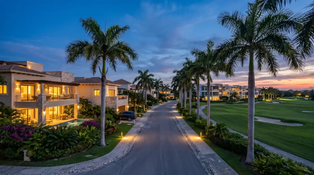Residential streets and villas in Playacar illuminated at twilight in Playa del Carmen.