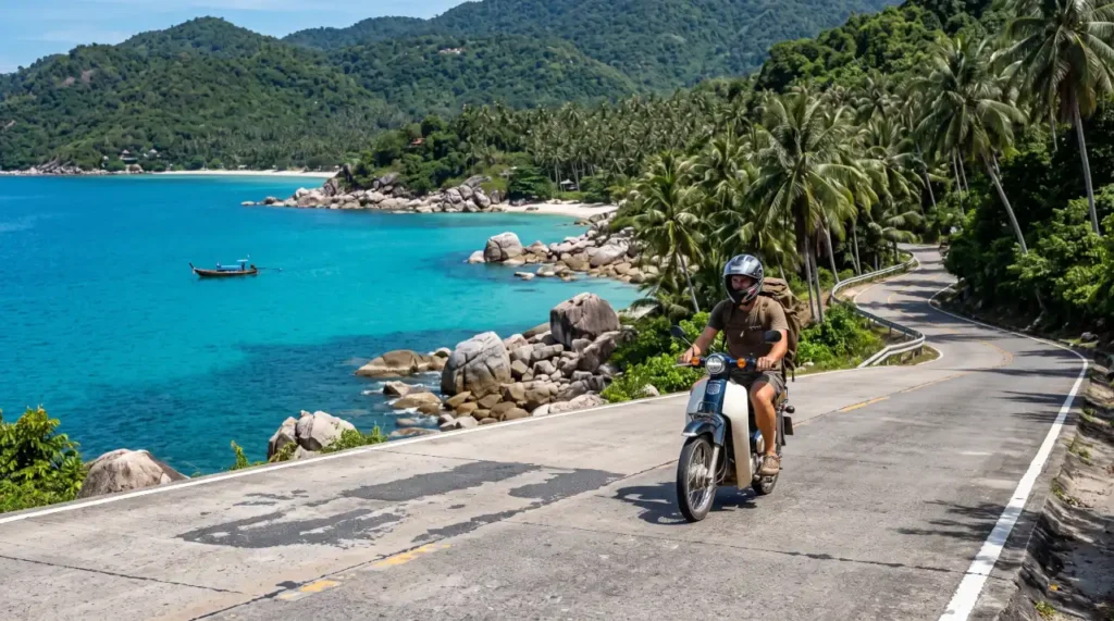 Expat riding a scooter along a scenic coastal road in Koh Pha Ngan, Thailand.
