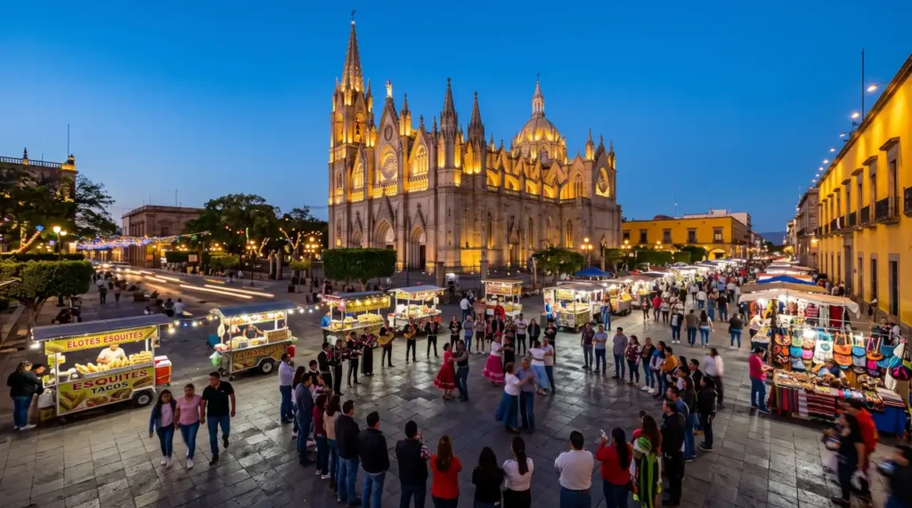 Templo Expiatorio illuminated at dusk with food stalls, artisan vendors, and locals enjoying the plaza