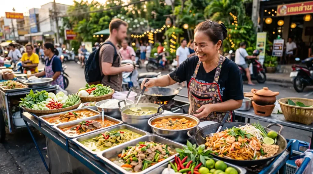 Thai street vendor serving fresh curries, rice dishes, and traditional street food in Phuket, Thailand.