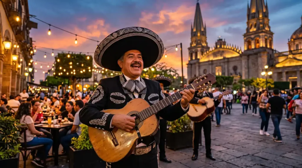 Traditional mariachi musician performing in Guadalajara at twilight while wearing a charro suit and sombrero in a lively plaza.