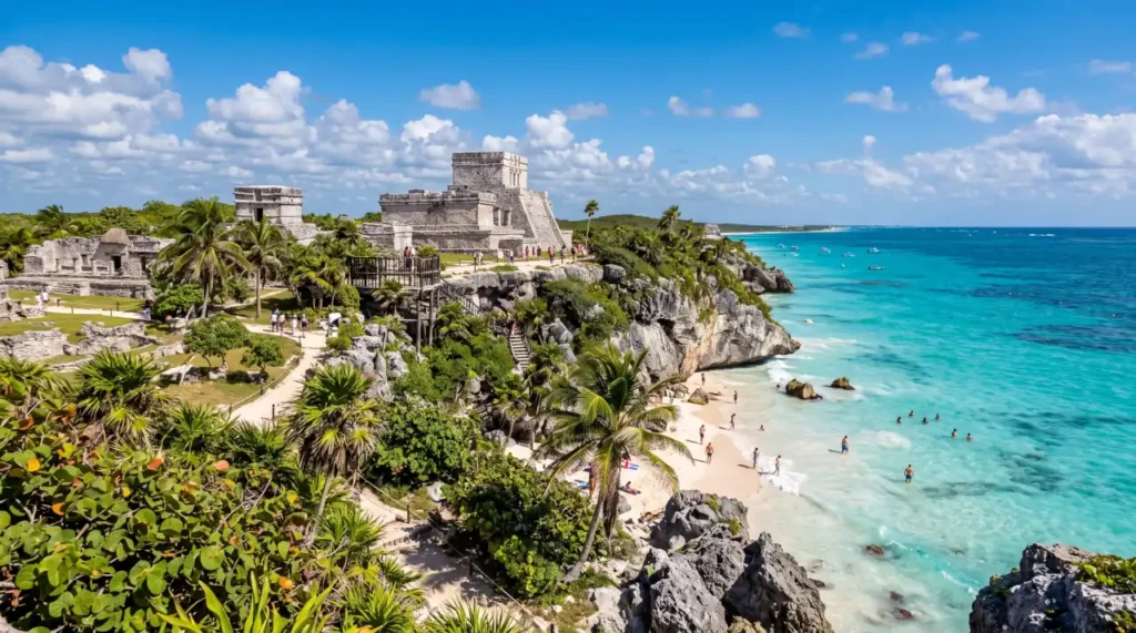 Ancient Tulum ruins overlooking the turquoise Caribbean Sea on a bright sunny day in Quintana Roo, Mexico.