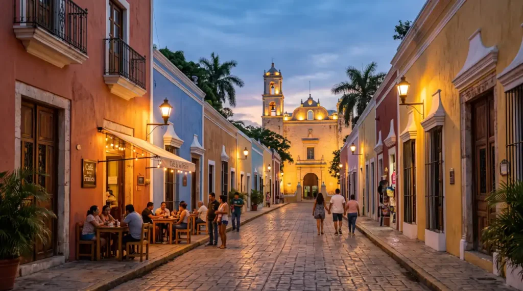 Calle de los Frailes and the Convent of San Bernardino de Siena illuminated at twilight in Valladolid, Yucatán.