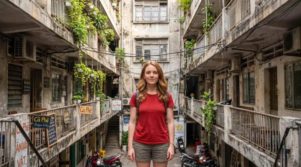 Woman in a red shirt exploring a converted apartment complex in District 1, Ho Chi Minh City
