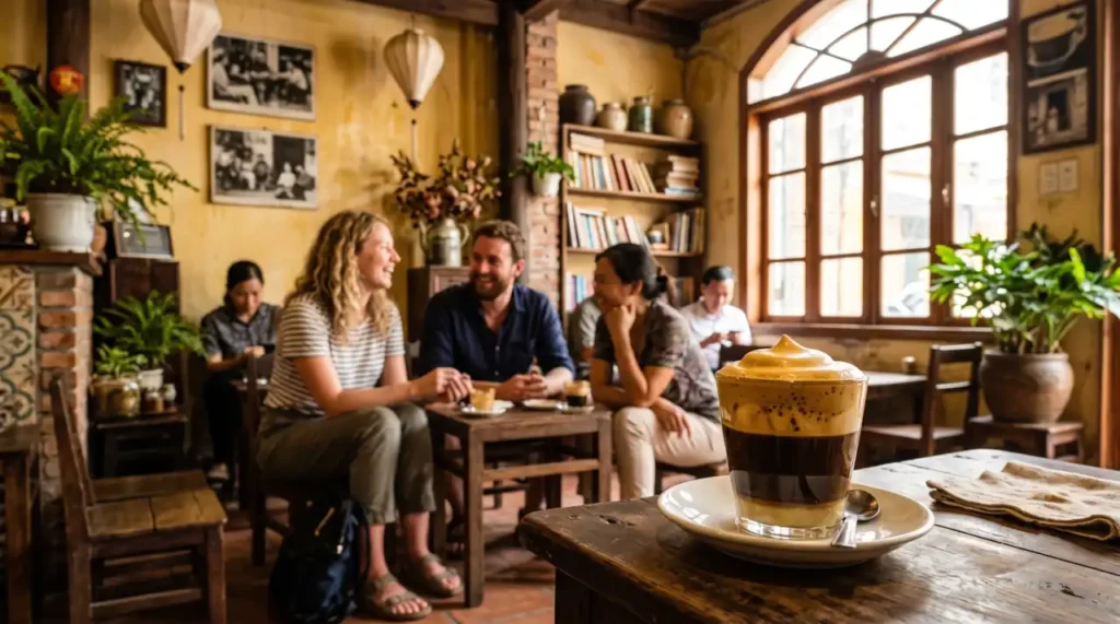 Traditional Vietnamese egg coffee served in a Hanoi cafรฉ with foreigners enjoying coffee and conversation.