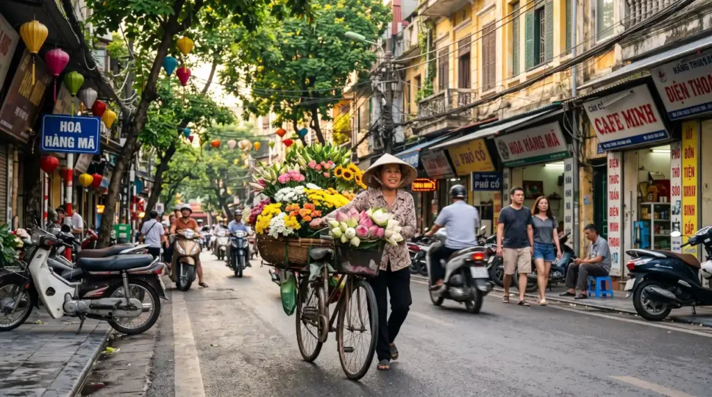 A flower vendor cycling through a beautiful tree-lined street in Hanoi's Old Quarter surrounded by historic buildings.