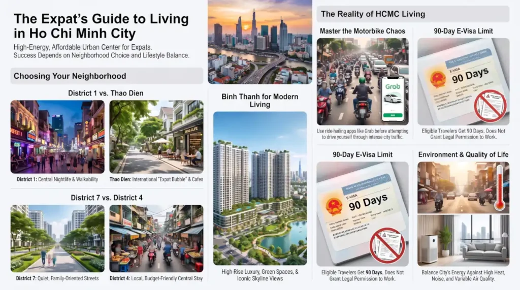Ho Chi Minh City expat living guide showing neighborhoods, transportation, cost factors, air quality, and visa considerations