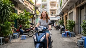 Woman smiling on a scooter in a residential neighborhood in Ho Chi Minh City