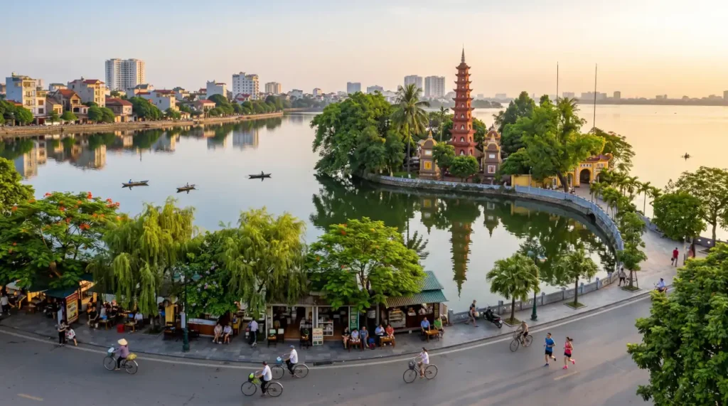 West Lake (Tay Ho) in Hanoi with its lakeside promenade, cafรฉs, and modern apartment buildings popular with expats.