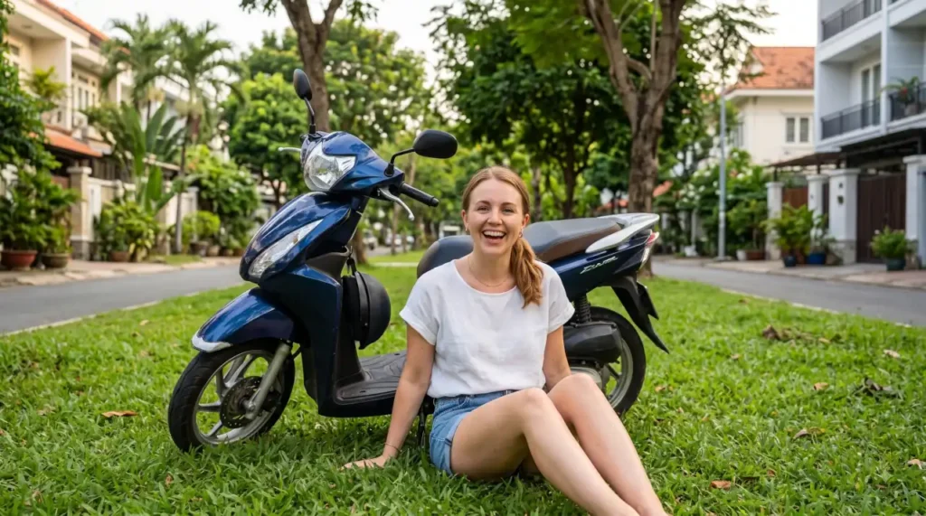 Woman sitting beside a scooter in a quiet Thao Dien neighborhood in Ho Chi Minh City