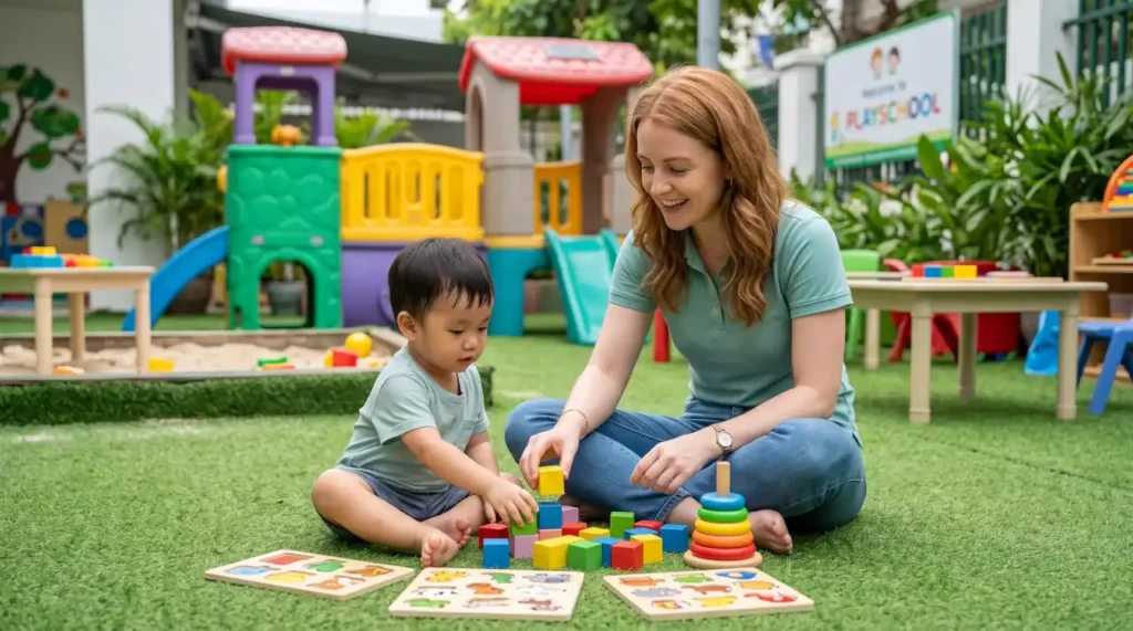 English teacher playing educational games with a child at an outdoor playschool in Vietnam