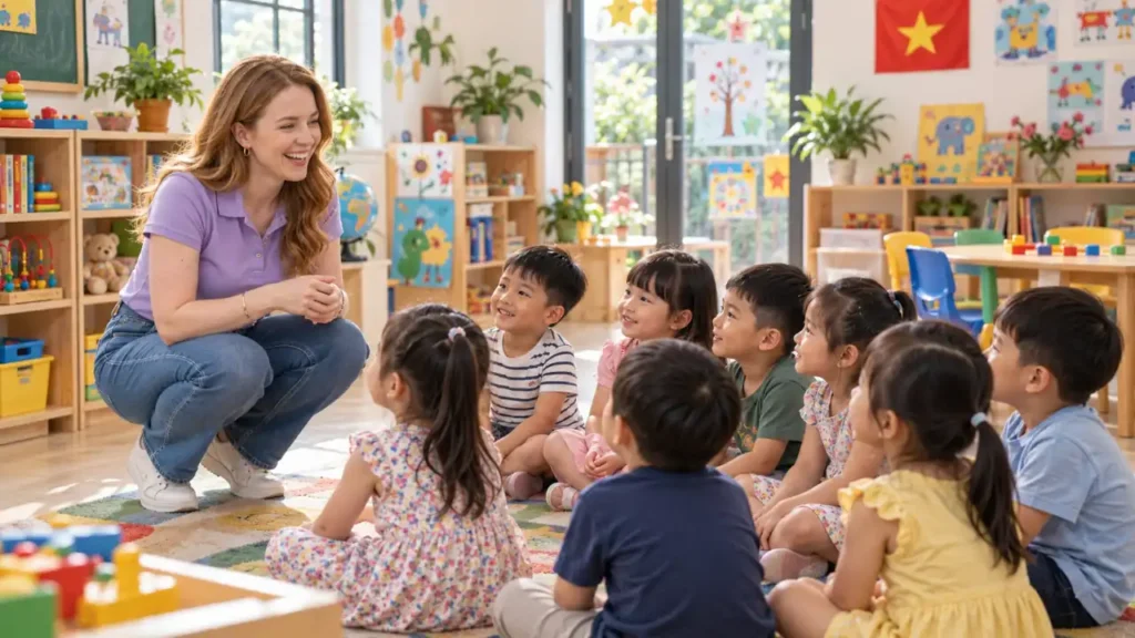 English teacher talking with children in a Vietnamese playschool classroom