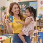 Teacher teaching a young child in a Vietnamese playschool classroom