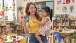 Teacher teaching a young child in a Vietnamese playschool classroom