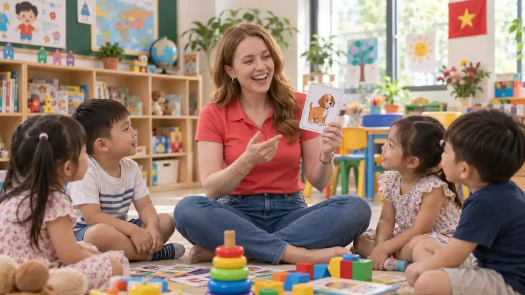 English teacher teaching children in a Vietnamese playschool classroom