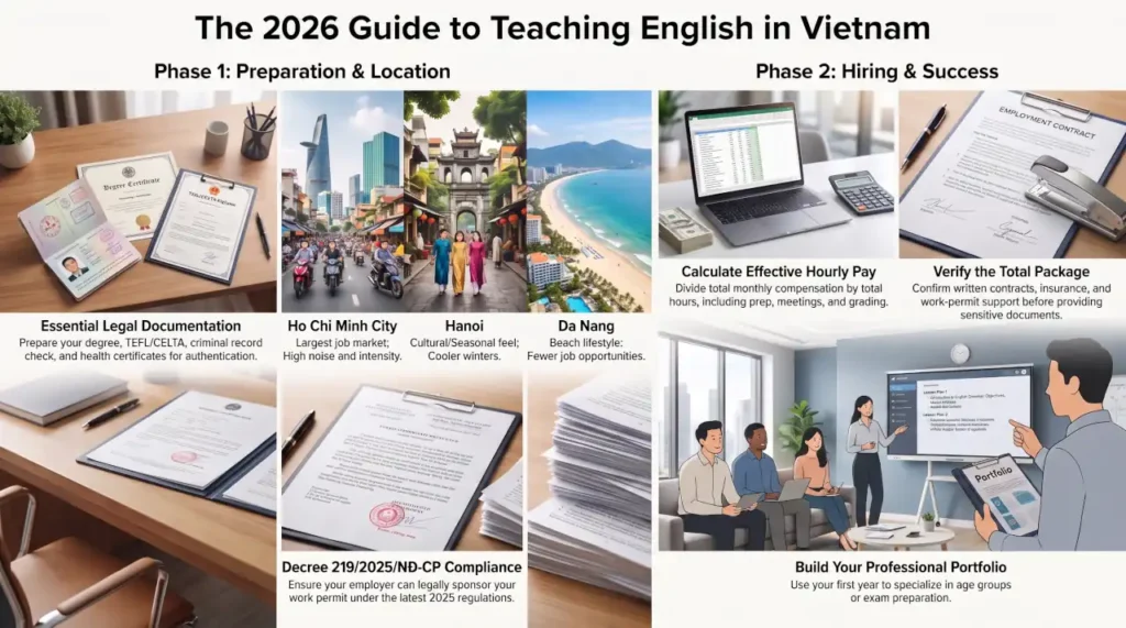 4-step guide to teaching English in Vietnam covering requirements, cities, hiring, salary comparison, and experience